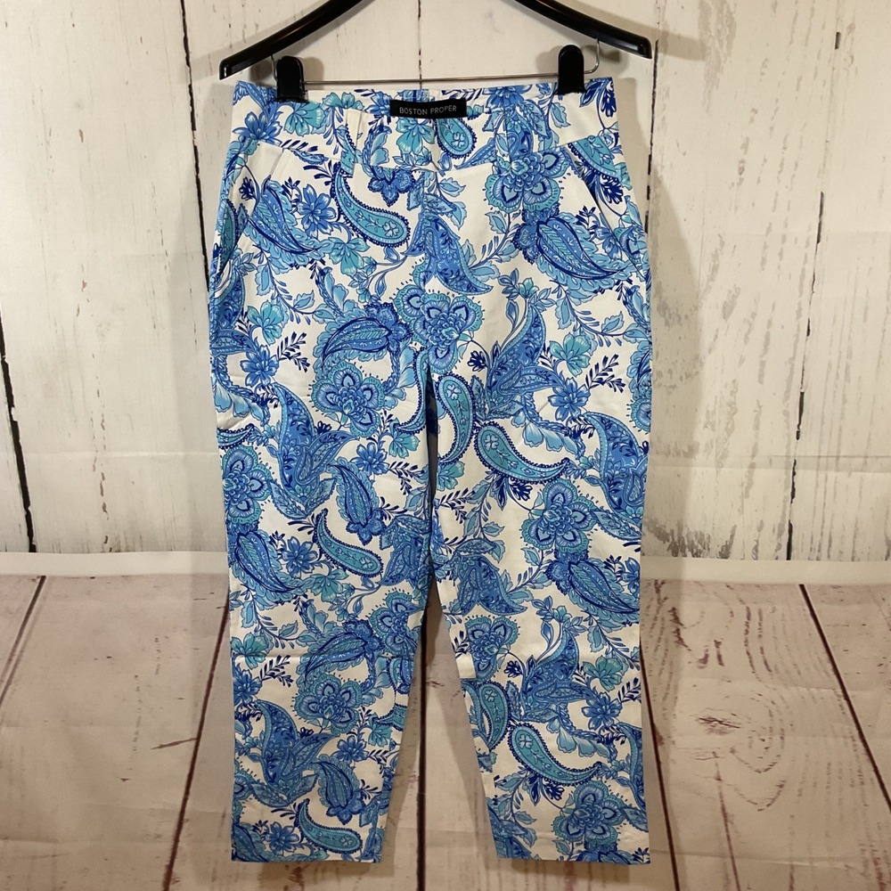 Boston Proper Pants Women's 12 Blue Paisley Floral Print‎ Stretch Cropped Chic